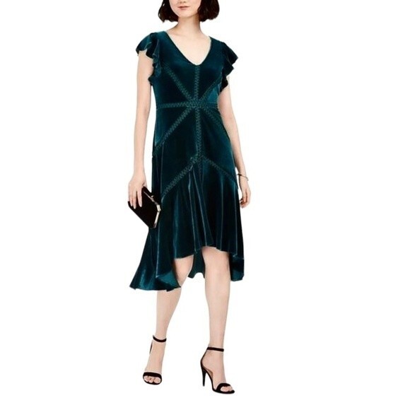 Neiman Marcus Green Velvet Flutter Sleeve High-Low Flounce Hem Midi A Line Dress - Picture 1 of 9